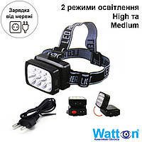 Аккумуляторный налобный фонарь-прожектор с яркими светодиодами WATTON-064 и двумя режимами, заряд от сети aiw