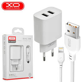 Мережевий зарядний пристрій XO CE02C на 2USB 2.1A Білий + Кабель Lightning