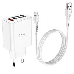 СЗУ зарядний пристрій HOCO C102A 4USB/2,1A з кабелем для заряджання USB - MicroUSB, Білий