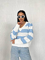 Женский полосатый свитер оверсайз с V образным вырезом вязаный (р. 42-46) 4KF3192