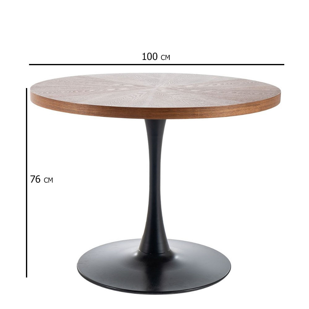 Стіл круглий у кольорі горіх Amadeo 100 см на чорній матовій металевій ніжці в кімнату, фото 1