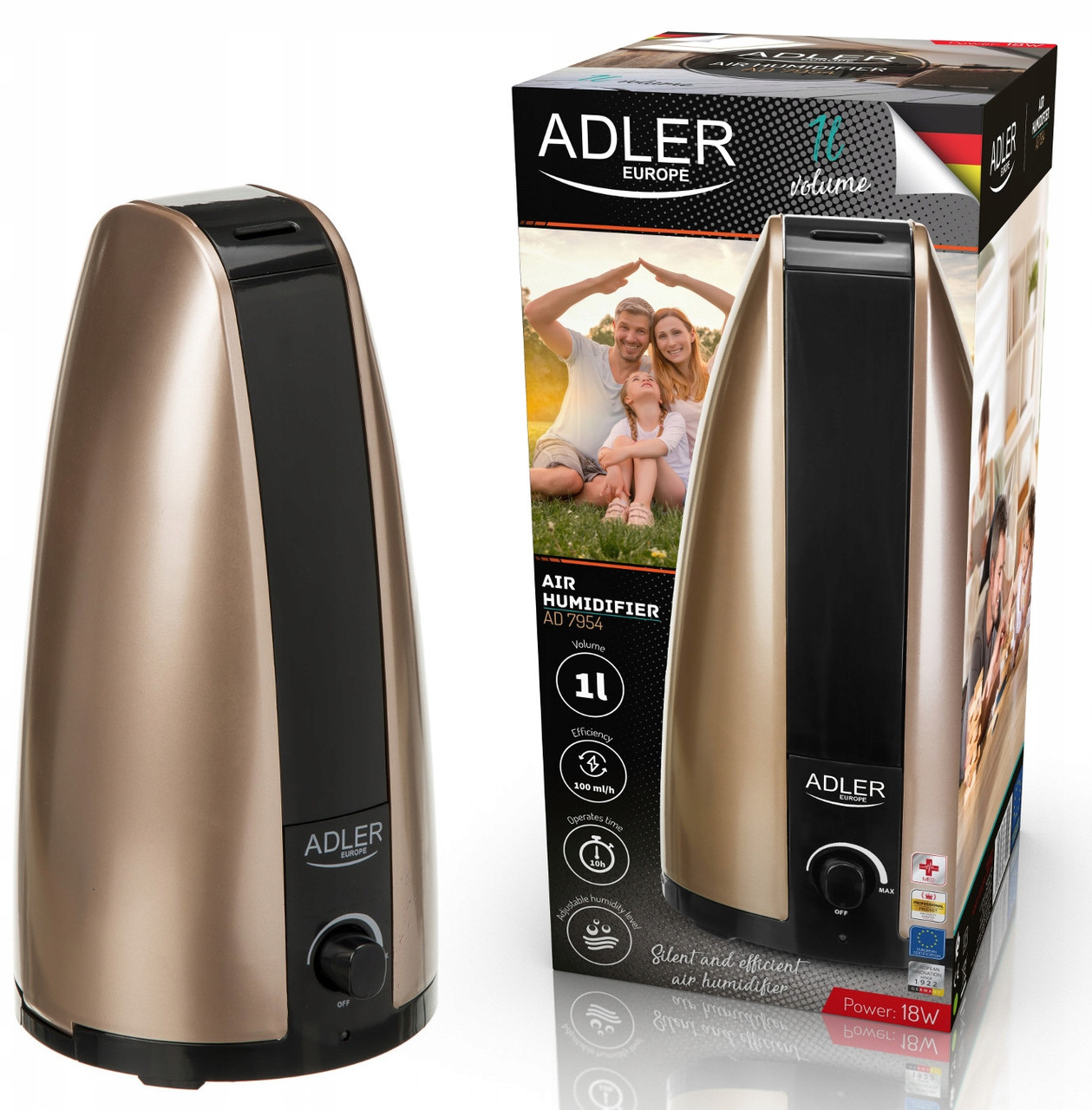 Зволожувач повітря Adler AD 7954 — 1 л, 18 Вт, механічне керування, до 10 годин роботи