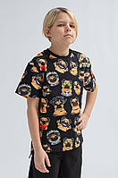Оверсайз футболка для хлопчика чорного кольору з принтом песиків з тканини двонитка р. 104-170