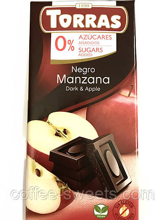Чорний шоколад Torras Negro con Manzana без цукру з яблуком, 75 г, фото 1