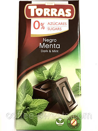 Шоколад Torras Dark Mint чорний із м'ятою 0% цукру та глютену 75 г, фото 1