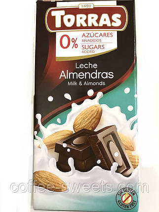 Шоколад Torras Milk Almonds молочний з мигдалем 0% цукру та глютену 75 г, фото 2
