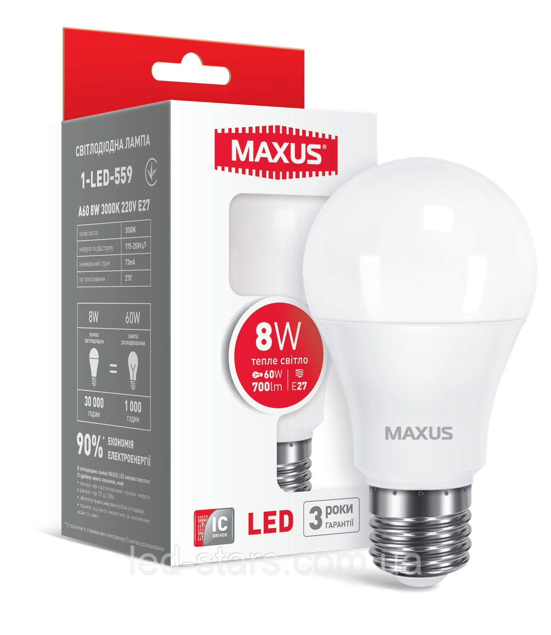 LED лампа MAXUS A60 8W теплый свет E27 (1-LED-559), фото 1