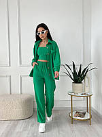 Жіночий прогулянковий костюм трійка(сорочка+топ+штани) S-М L-XL (42-44 46-48) зелений