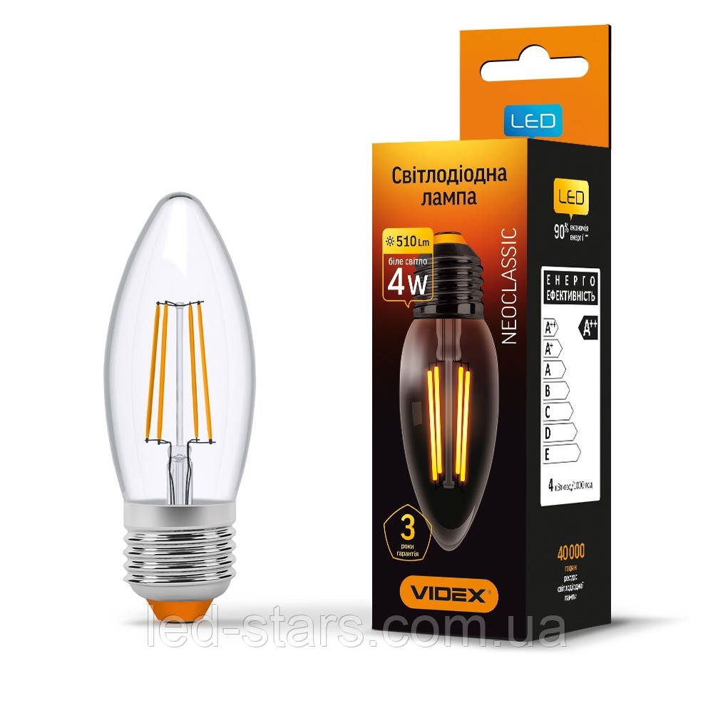 LED лампа VIDEX Filament C37F 4W E27 4100K 220V, фото 1