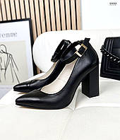 Женские черные туфли натуральная кожа с ремешком