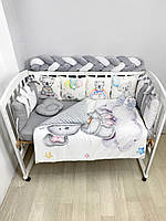 Комплект в детскую кроватку Бант «Коалы бело-серые». Набор бортики на 4 стороны с косой для ребенка в кроватку