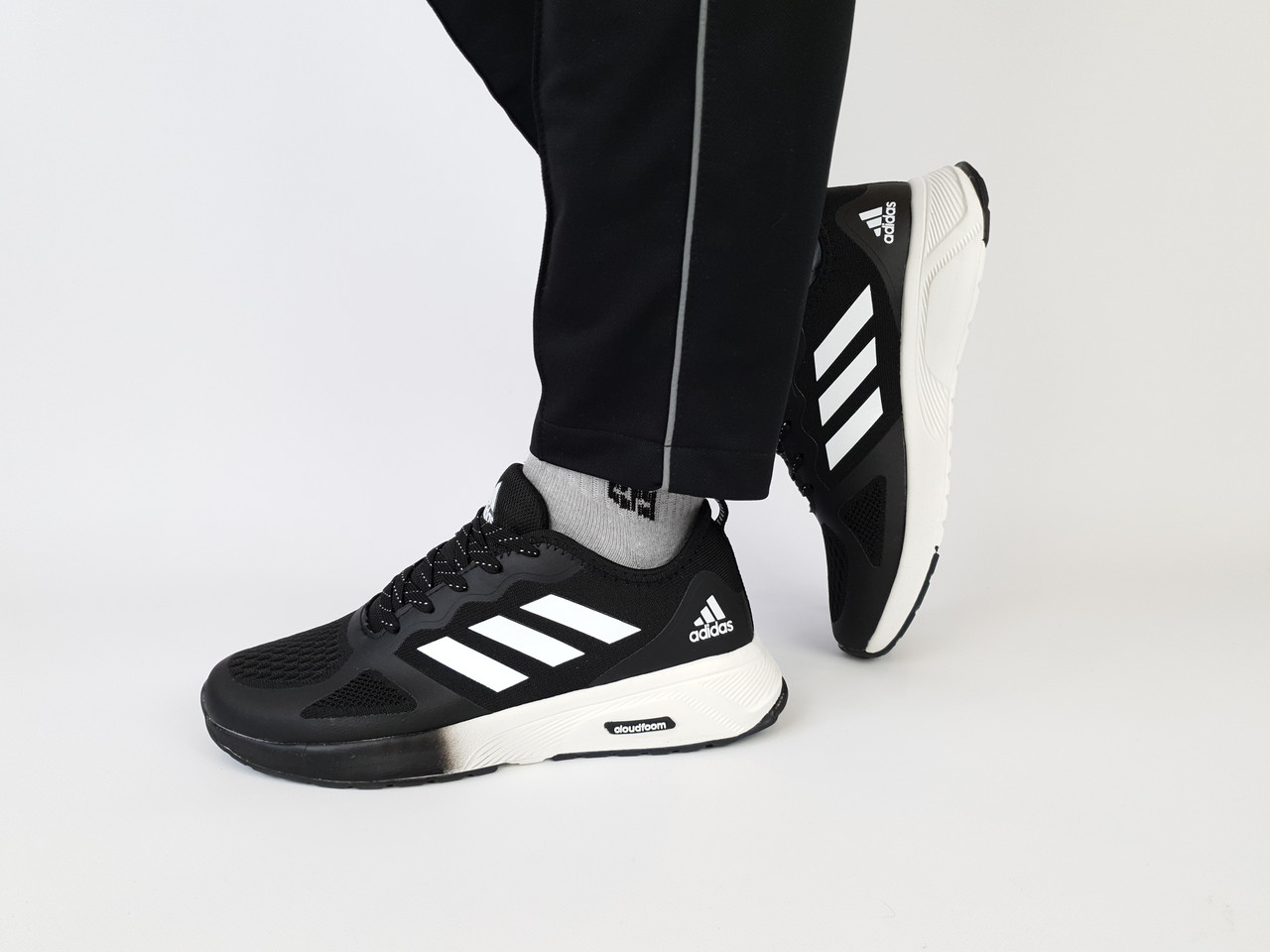 Кросівки чоловічі весна літо чорно-білі Adidas Cloudfoam Black White. Взуття чоловіче літнє Адідас Клауд Фоам 42