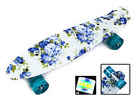 Трюковый для подростков Penny Board Full Blue Rose Светящиеся колеса. Бесшумный скейтборд с принтом городской