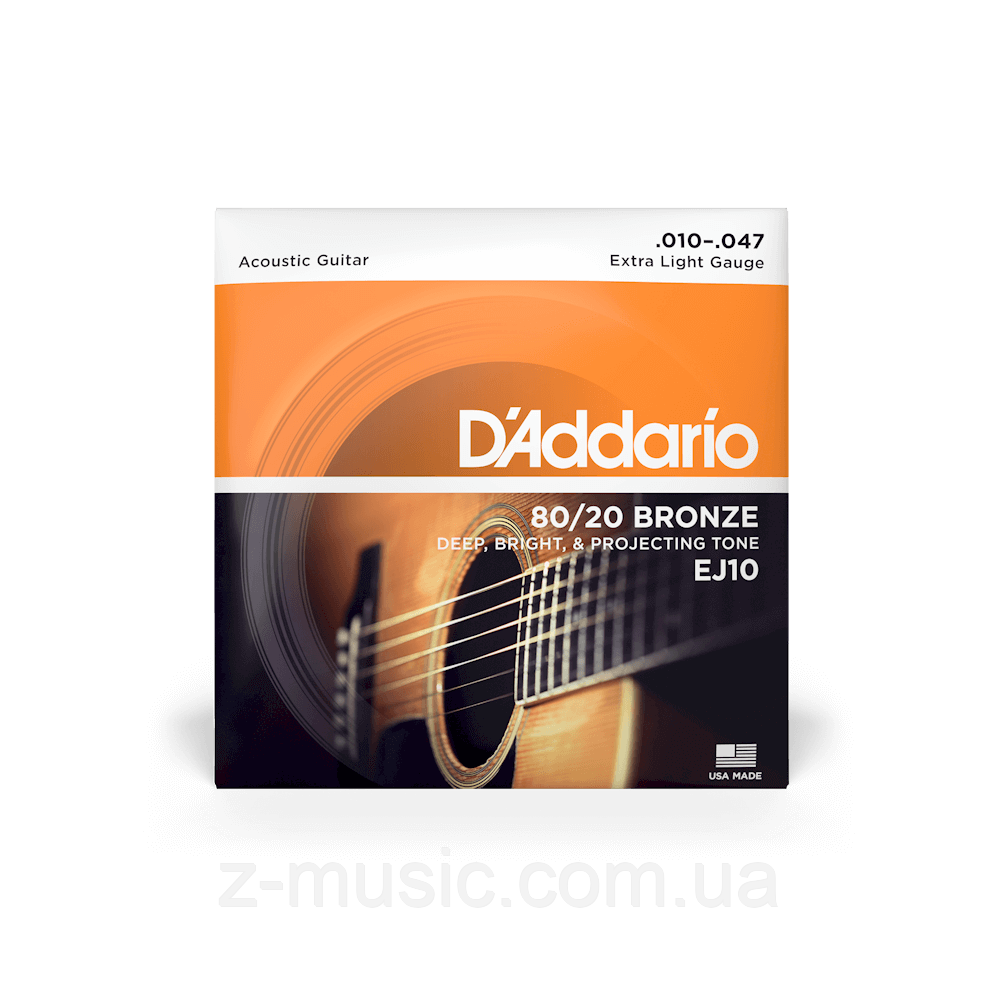 Струни для акустичної гітари D'ADDARIO EJ10 80/20 BRONZE EXTRA LIGHT (10-47)