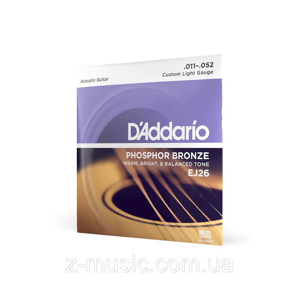 Струни для акустичної гітари D'ADDARIO EJ26 PHOSPHOR BRONZE CUSTOM LIGHT (11-52)