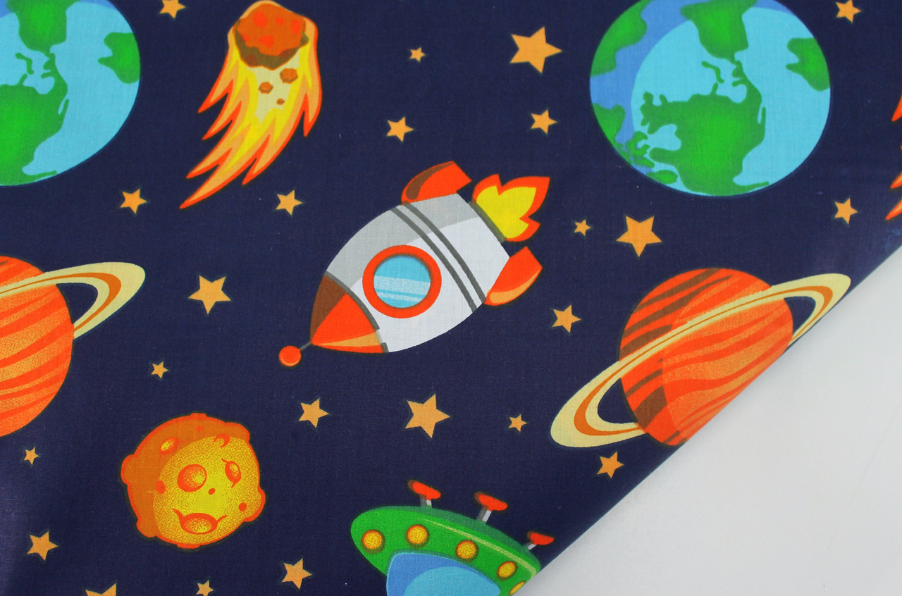 Бязь польська "Космос із ракетами" на синьому тлі No781, фото 1
