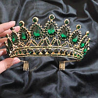 Диадема высокая с кристаллами Сваровски, корона, зеленые камни