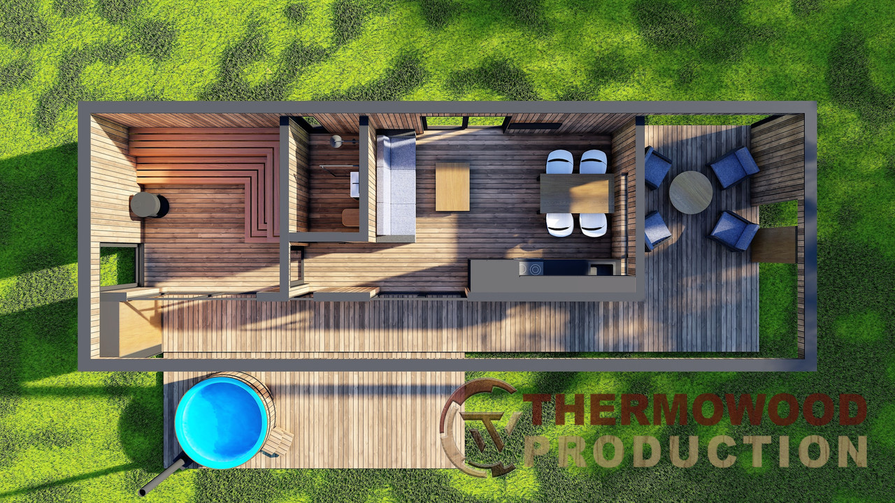 Модульная баня 4,0х2,75м с панорамным окном Gartensauna-23 от Thermowood Production