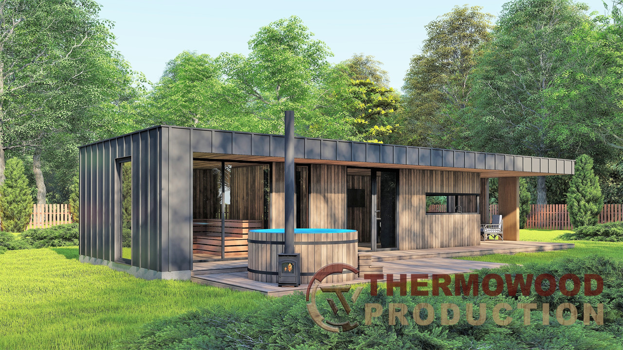 Модульная баня 4,0х2,75м с панорамным окном Gartensauna-23 от Thermowood Production