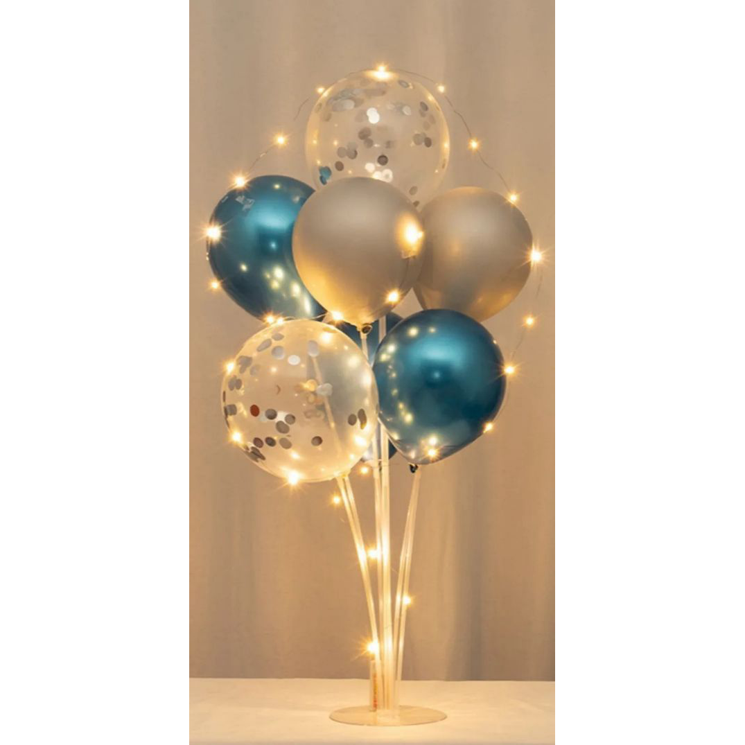 Фонтан з кульок з підсвіткою 7 кульок | Синій Срібло Конфеті