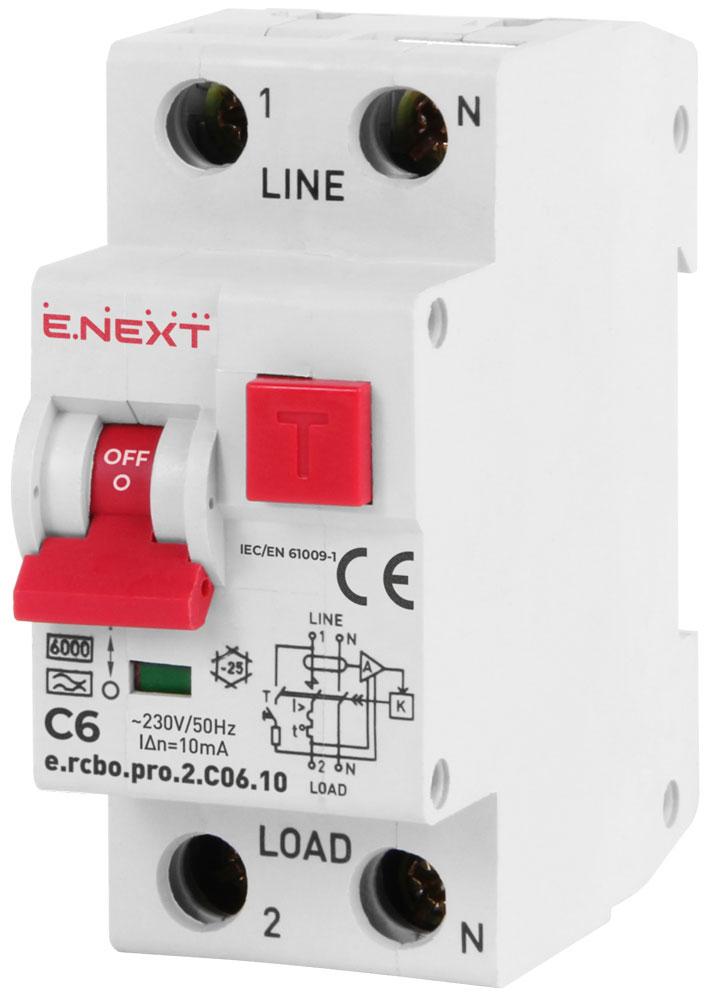 Диференційний вимикач 1P+N 6А 10мА "С" тип A [p0720001] E.NEXT e.rcbo.pro.2.C06.10, фото 1