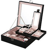 Скринька для прикрас велика, багато відділів, з дзеркалом, на ключ 25.5*25.5*9 см Чорний