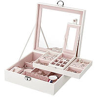Скринька для прикрас велика, багато відділів, з дзеркалом, на ключ 25.5*25.5*9 см Білий