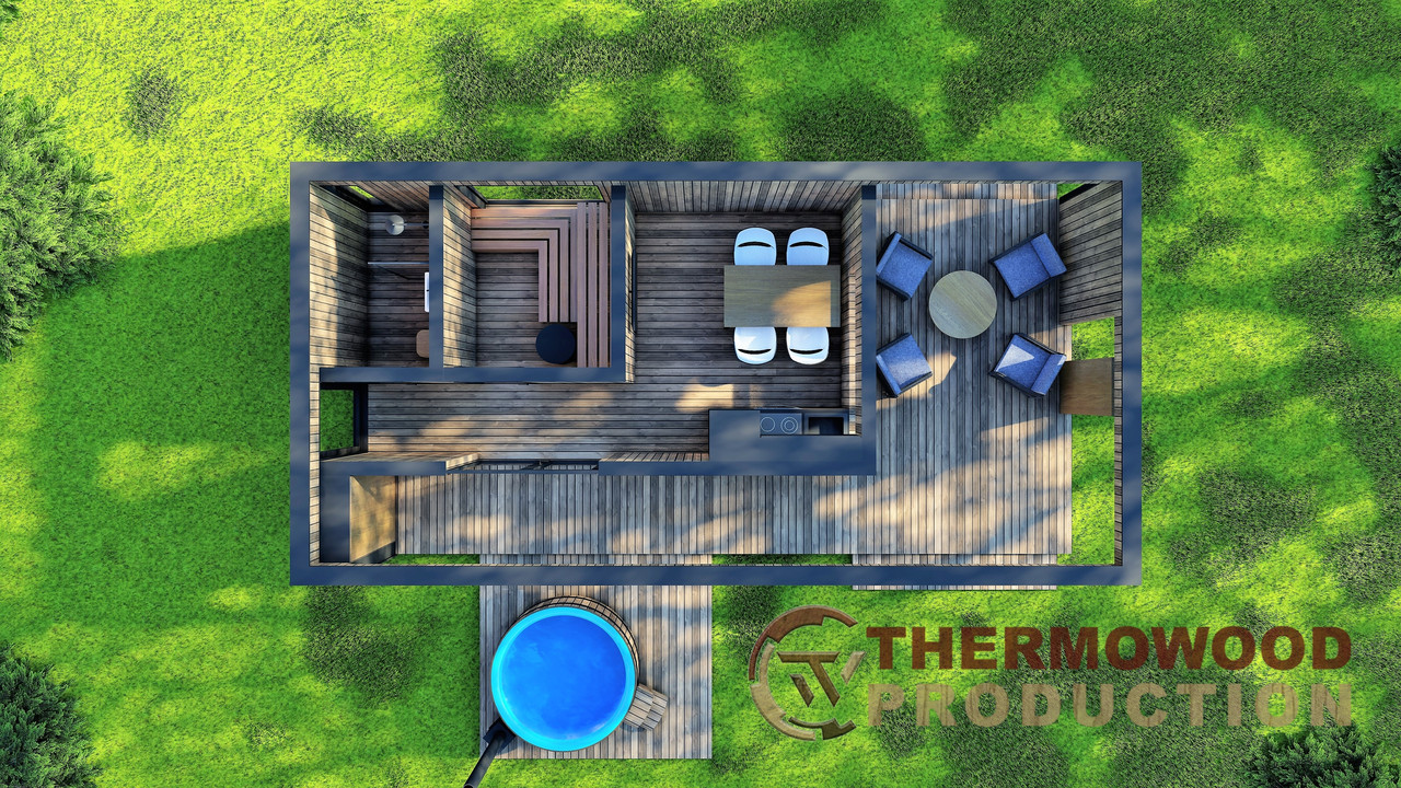 Модульная баня 4,0х2,75м с панорамным окном Gartensauna-23 от Thermowood Production