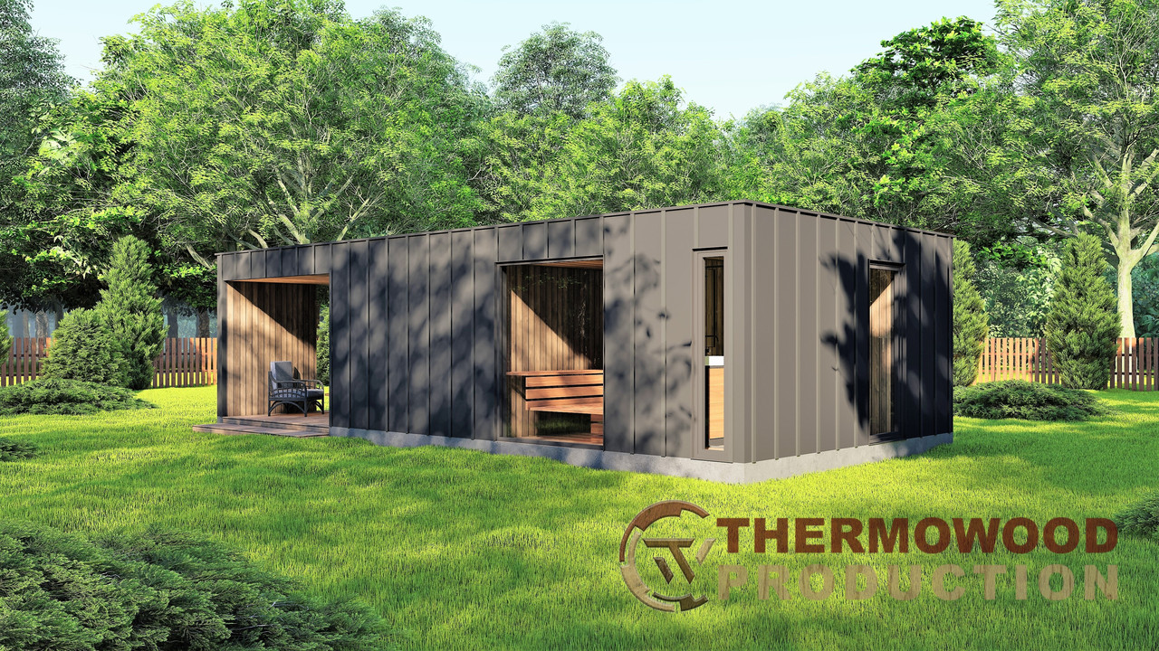 Модульная баня 4,0х2,75м с панорамным окном Gartensauna-23 от Thermowood Production