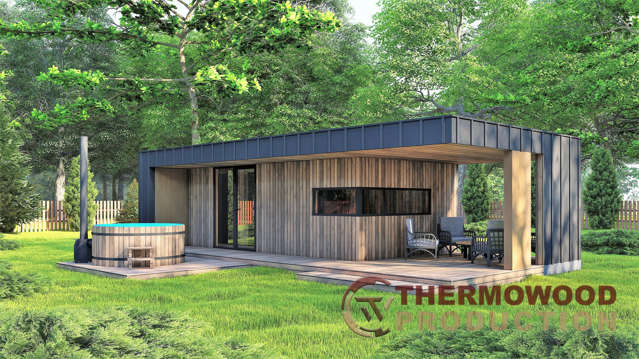 Модульная баня 4,0х2,75м с панорамным окном Gartensauna-23 от Thermowood Production