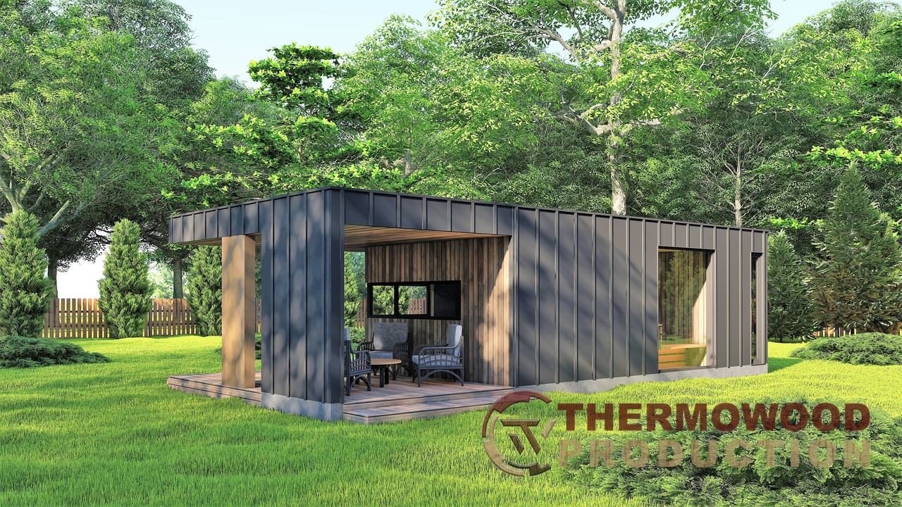 Модульная баня 4,0х2,75м с панорамным окном Gartensauna-23 от Thermowood Production