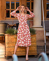 Весняна літня сукня на запах з довгим рукавом жіноча сукня нижче колін з поясом принт корали