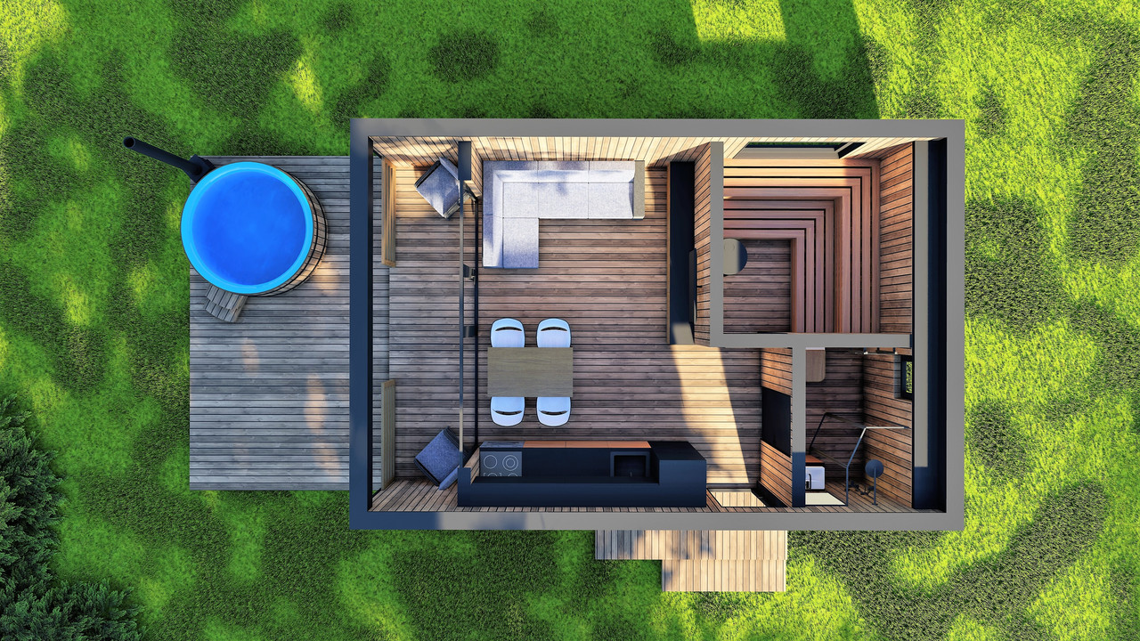 Модульная баня 4,0х2,75м с панорамным окном Gartensauna-23 от Thermowood Production