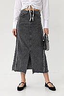 Женская стильная джинсовая юбка миди с разрезом и бахромой M, кэжуал, Темно-серый