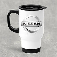 Автомобильная термокружка с маркой авто Nissan/ Ниссан, металлическая 450 мл, белая