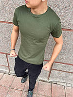 Мужская базовая футболка прилегающая хлопковая хаки однотонная зеленая (My)