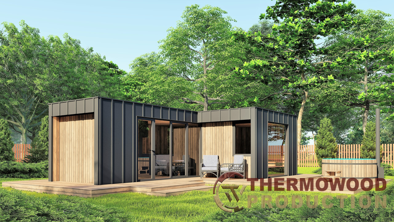 Модульная баня 4,0х2,75м с панорамным окном Gartensauna-23 от Thermowood Production