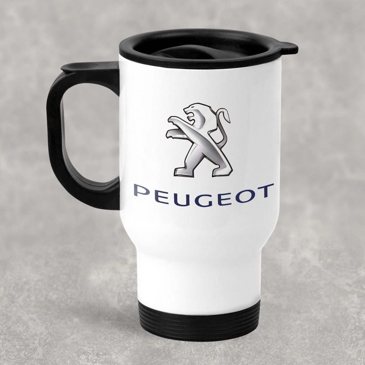 Автомобільна термокружка с маркой авто Peugeot / Пежо, металева 450 мл, біла