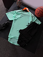 Мужской летний костюм Оверсайз Футболка + Штаны двухцветный бирюзовый с черным комплект повседневный на лето