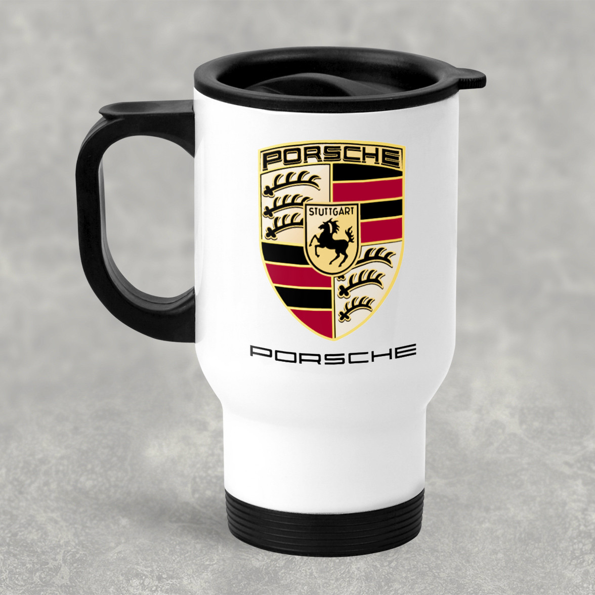 Автомобільна термокружка с маркой авто PORSCHE / Порше, металева 450 мл, біла