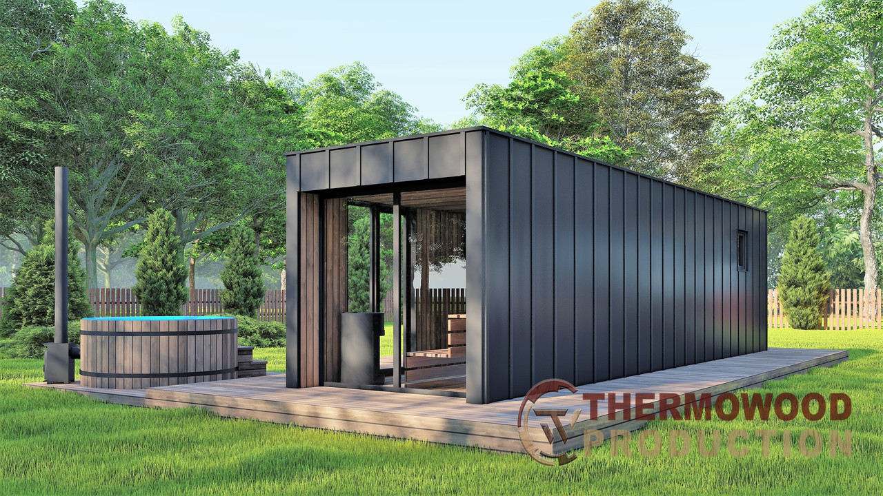 Модульная баня 4,0х2,75м с панорамным окном Gartensauna-23 от Thermowood Production