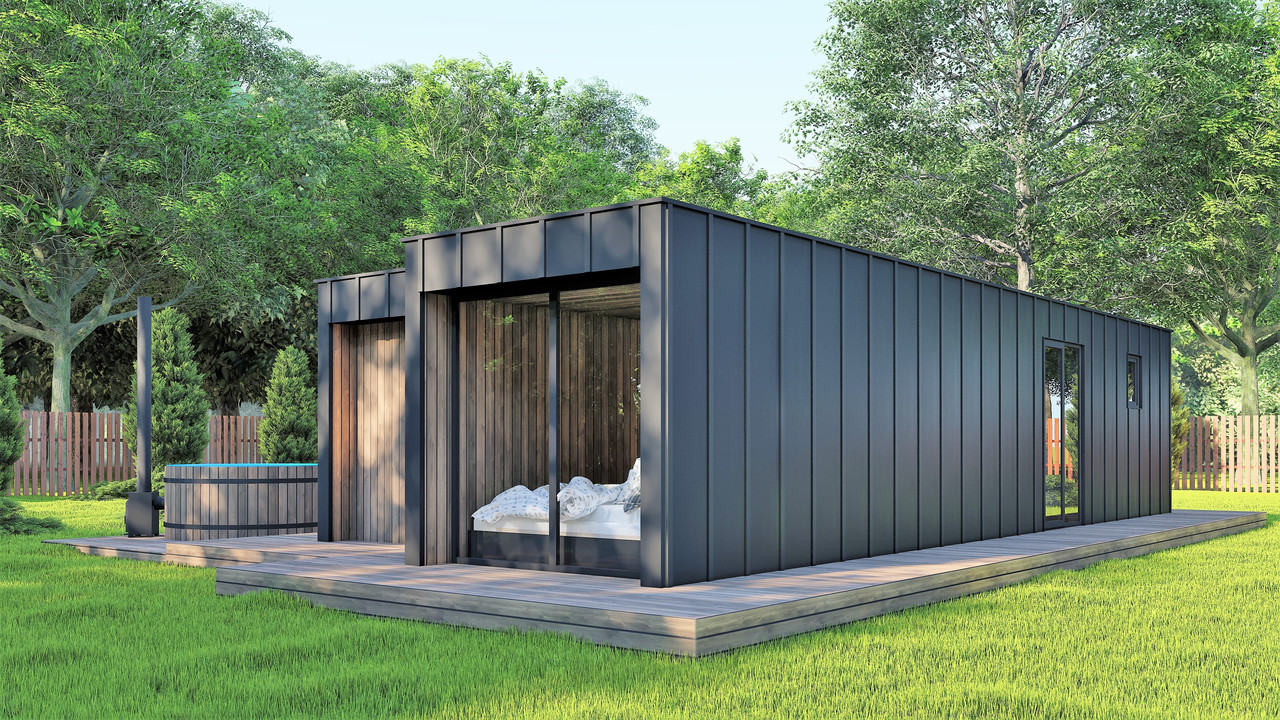 Модульная баня 4,0х2,75м с панорамным окном Gartensauna-23 от Thermowood Production