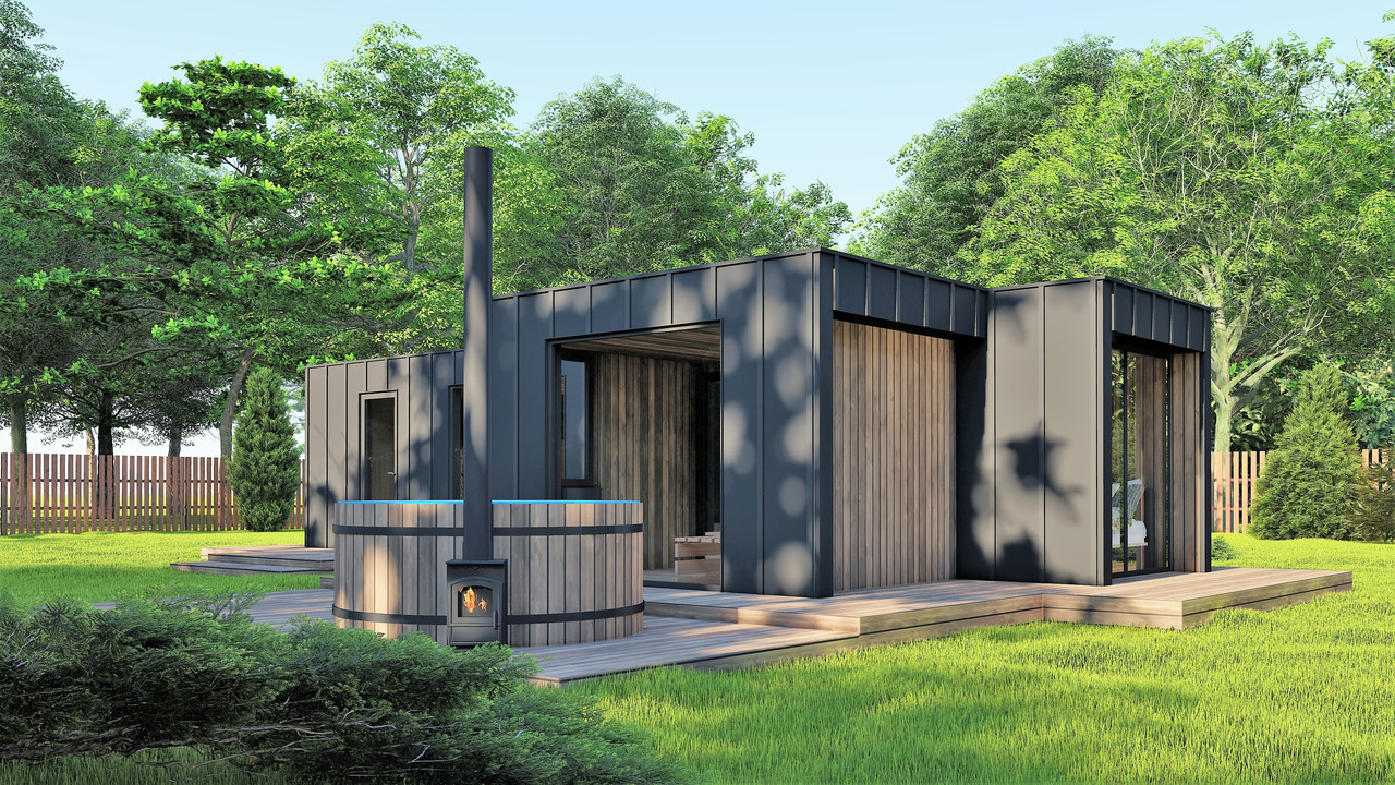 Модульная баня 4,0х2,75м с панорамным окном Gartensauna-23 от Thermowood Production