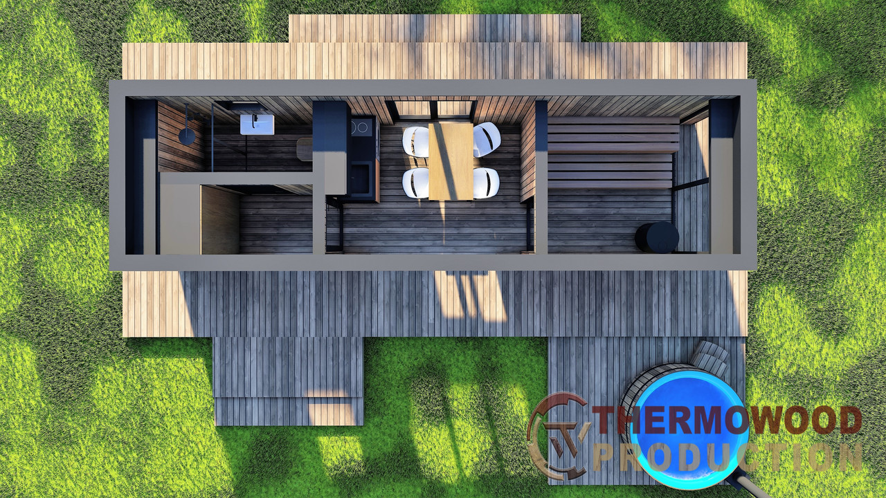 Модульная баня 4,0х2,75м с панорамным окном Gartensauna-23 от Thermowood Production