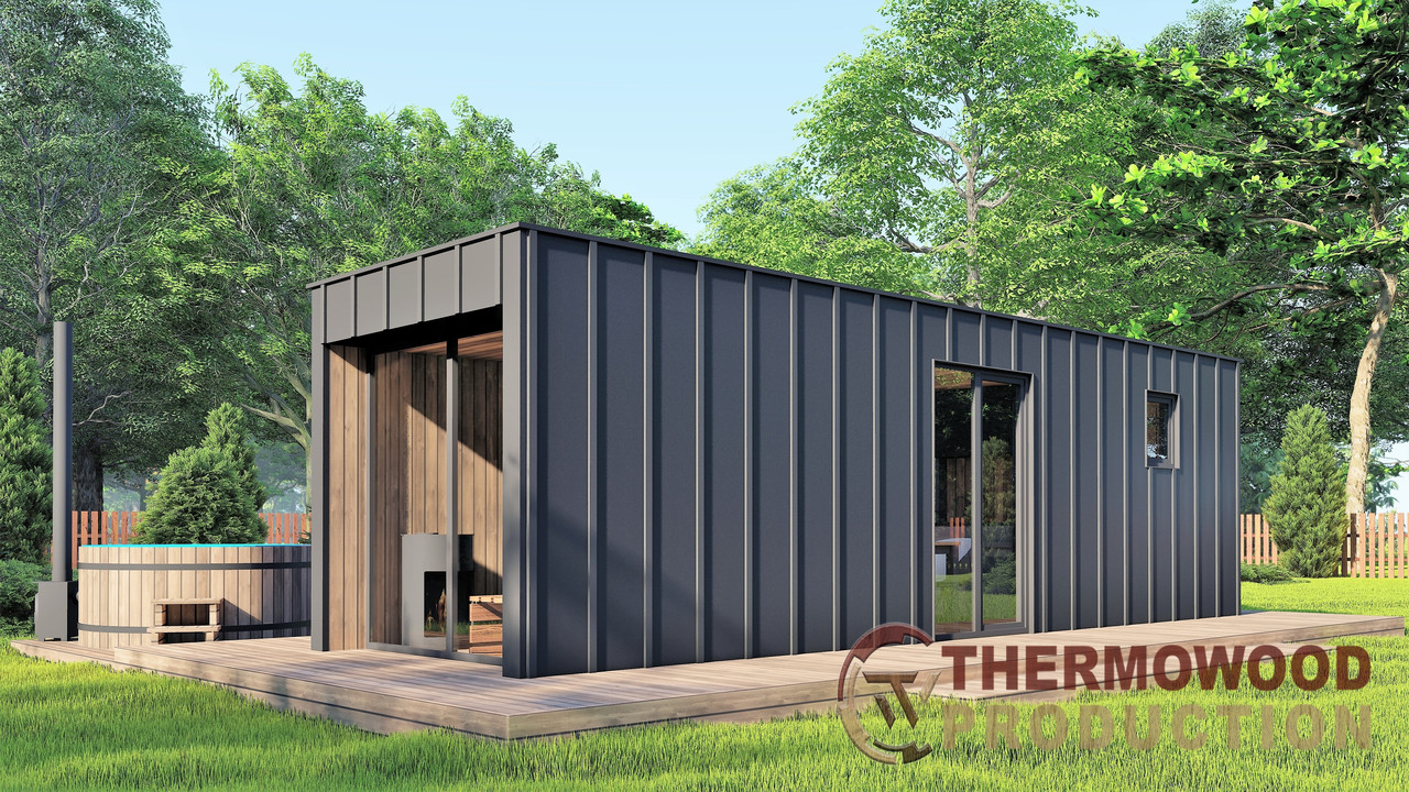 Модульная баня 4,0х2,75м с панорамным окном Gartensauna-23 от Thermowood Production