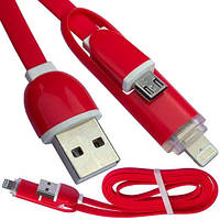Шнур 2в1, штекер USB А - штекер micro USB + штекер iPhone6, червоний, 1м, в блістері