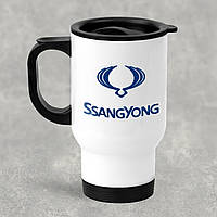 Автомобильная термокружка с маркой авто SsangYong / Санг Йонг, металлическая 450 мл, белая