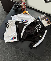 Мужской костюм летний Футболка + Шорты + Штаны BMW Motorsport черный с белым комплект БМВ на лето (My)