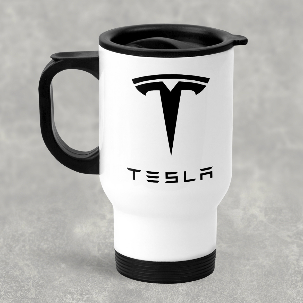 Автомобільна термокружка с маркой авто TESLA / Тесла, металева 450 мл, біла