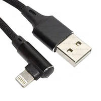 Шнур штекер USB А - штекер iPhone 6 кутовий, в сітці, 1м, чорний